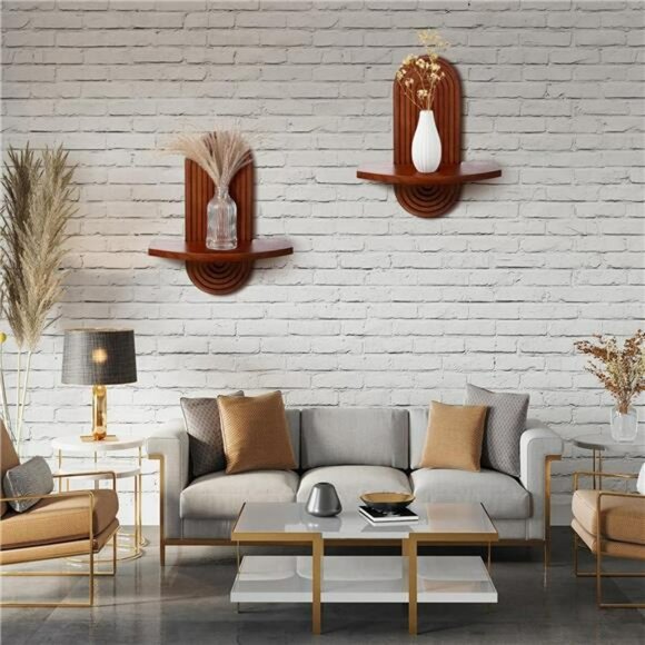 Set of 2 Boho Arched Wooden Wall Shelves Walnut Hanging Floating Rainbow Decor - Picture 6 of 7